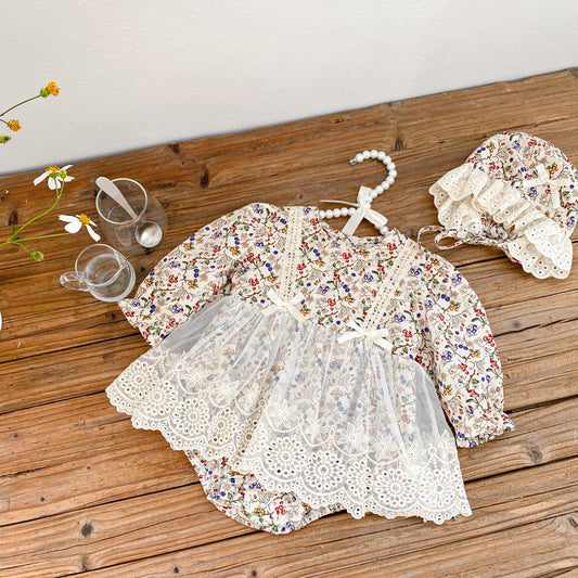 Spring/Autumn Baby Girls Floral And Fruits Print Lace Mesh Princess Onesie Dress