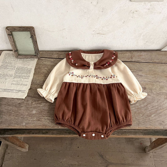 New Arrival Baby Girls Vintage Floral Embroidery Color Patchwork Long Sleeves Onesie